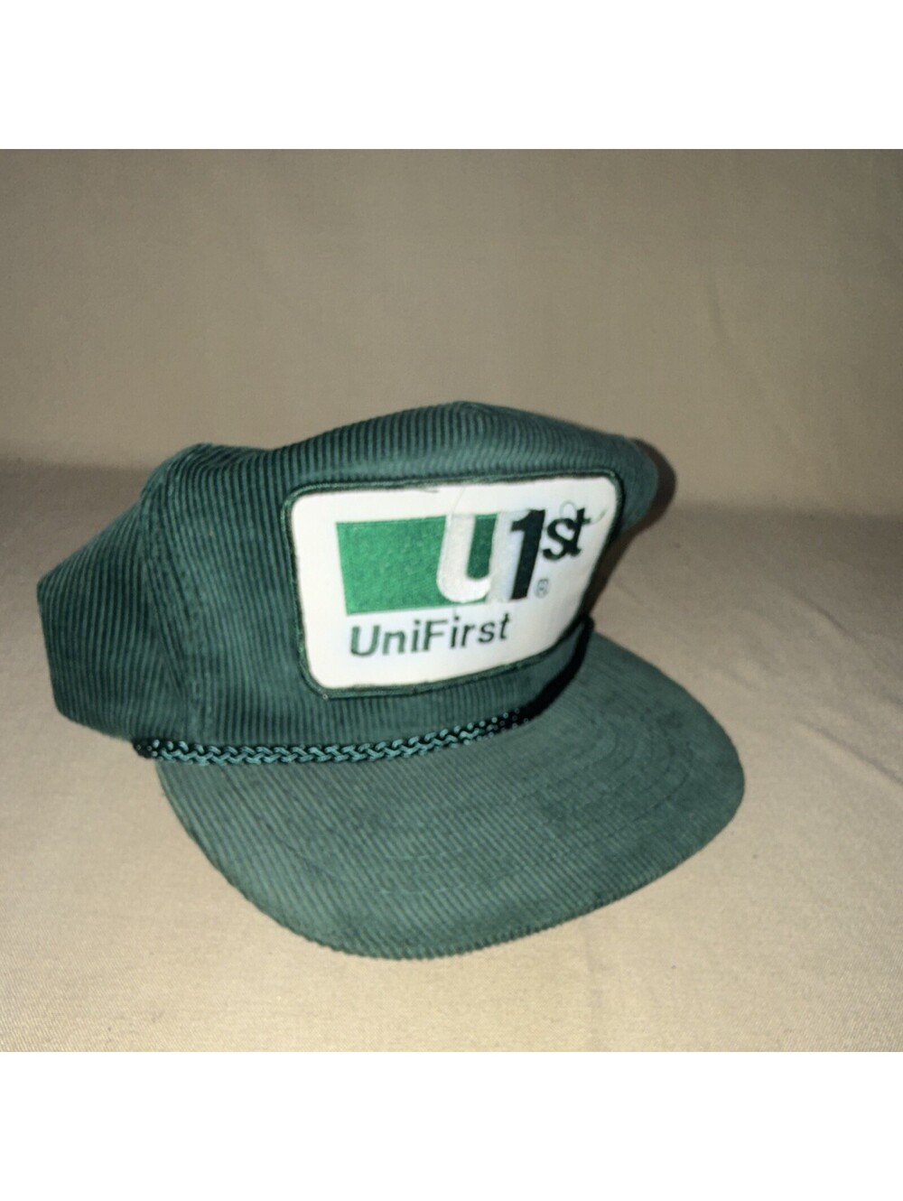 Vintage UniFirst Patch Corduroy Green Strapback Hat Cap Otto Workwear Retro